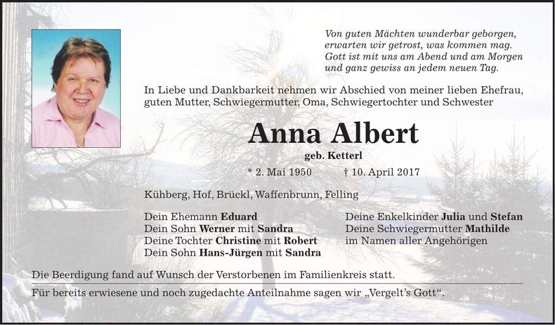 Traueranzeige Anna Albert