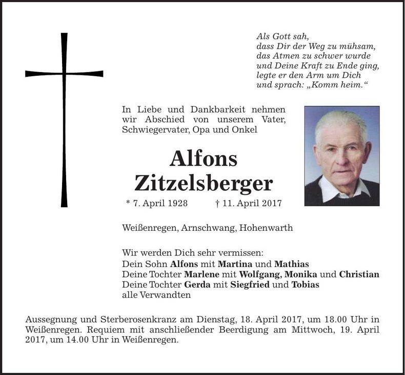Traueranzeige Alfons Zitzelsberger