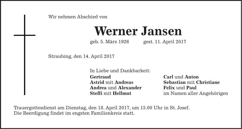 Traueranzeige Werner Jansen