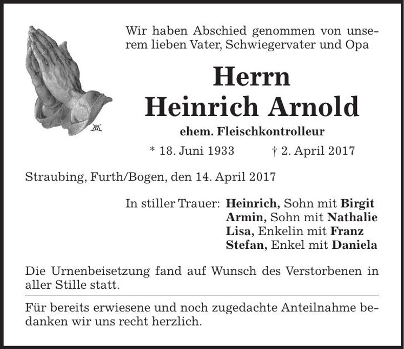 Traueranzeige Heinrich Arnold