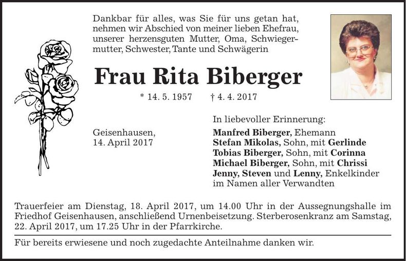 Traueranzeige Rita Biberger