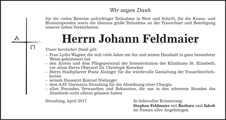 Traueranzeige Johann Feldmaier