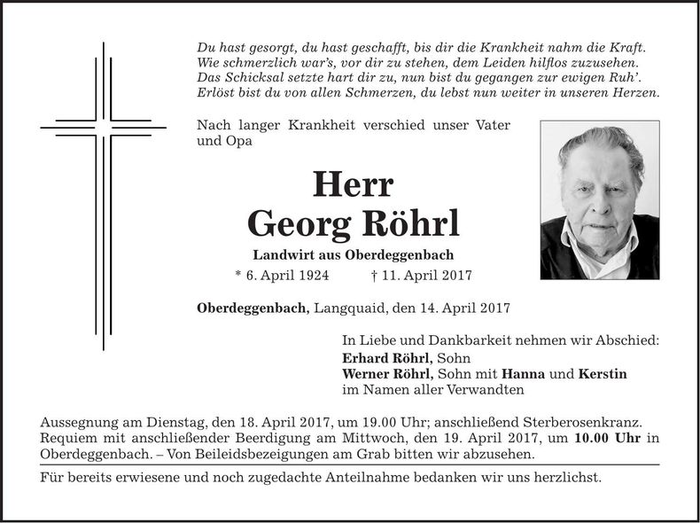 Traueranzeige Georg Röhrl