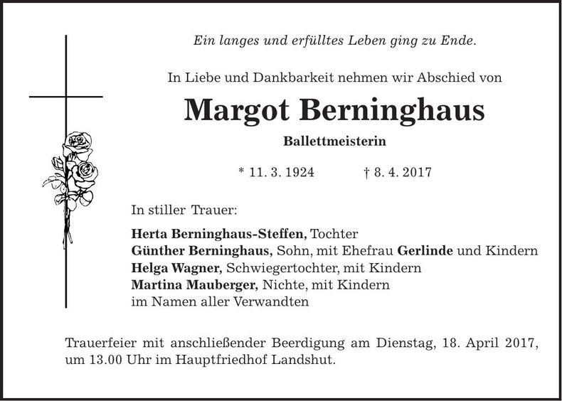 Traueranzeige Margot Berninghaus