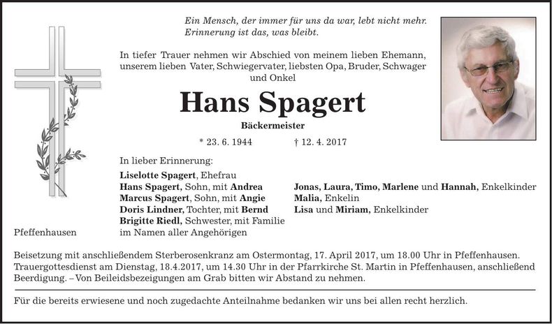 Traueranzeige Hans Spagert