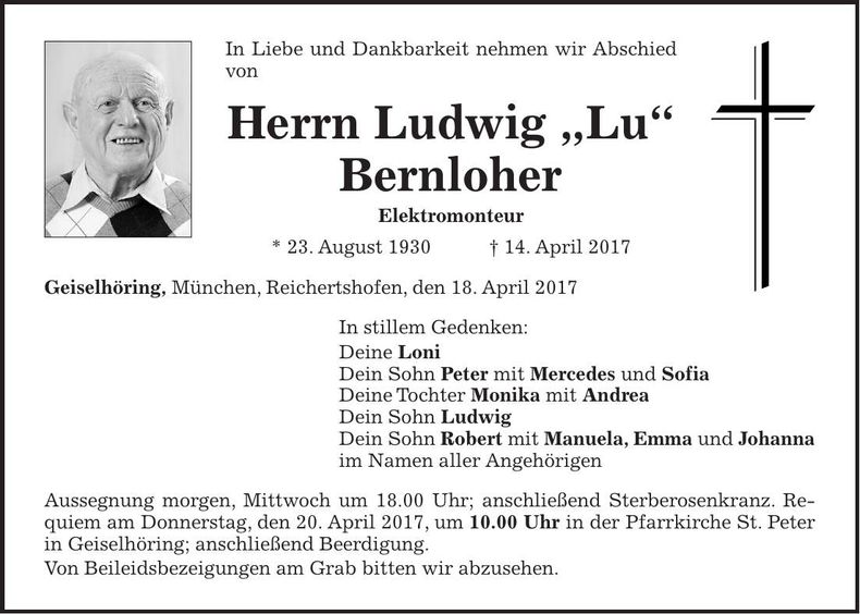 Traueranzeige Ludwig Bernloher