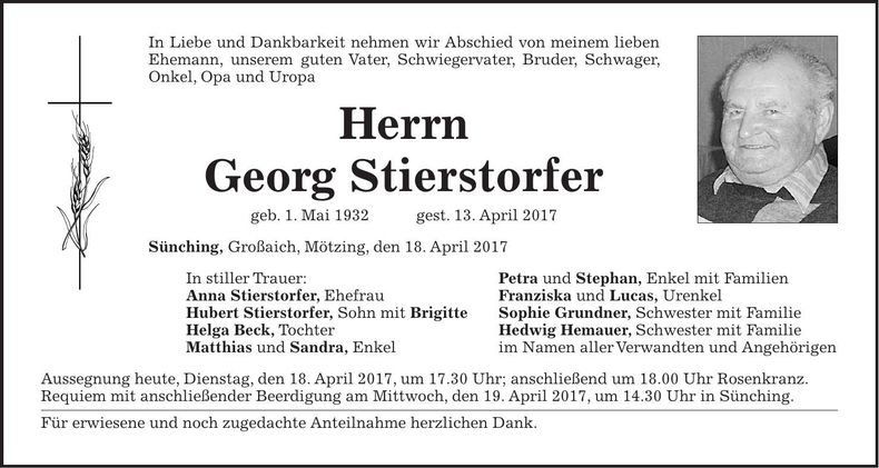 Traueranzeige Georg Stierstorfer