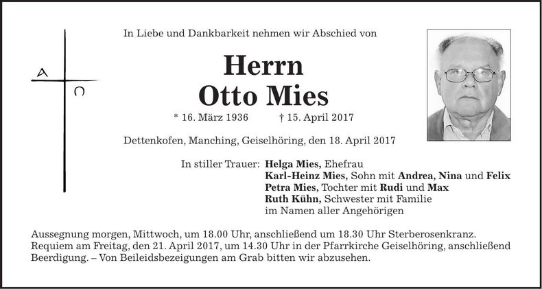 Traueranzeige Otto Mies