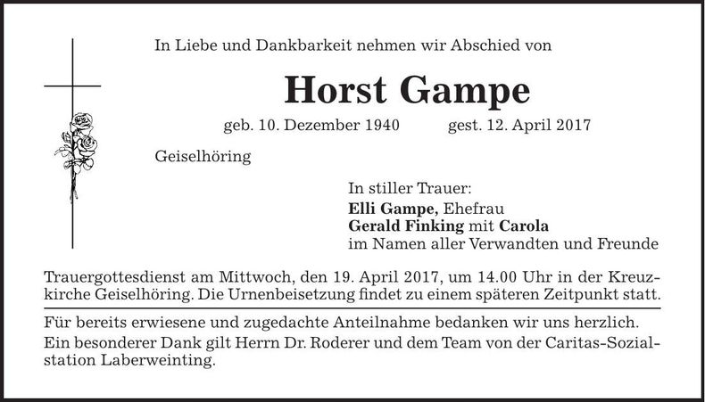 Traueranzeige Horst Gampe