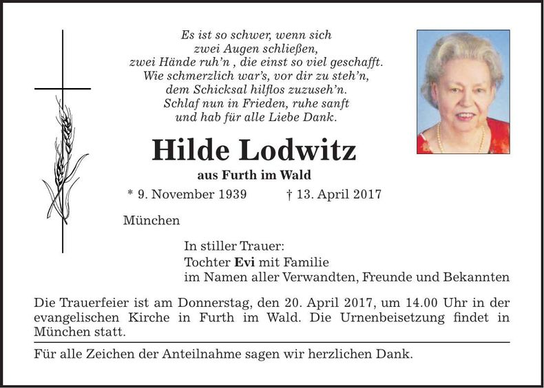 Traueranzeige Hilde Lodwitz