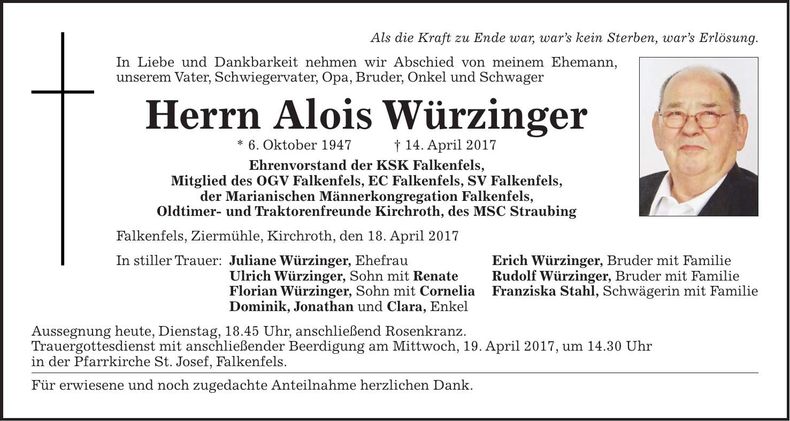 Traueranzeige Alois Würzinger