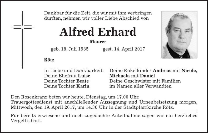 Traueranzeige Alfred Erhard