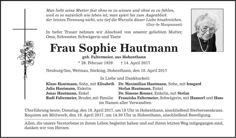Traueranzeige Sophie Hautmann