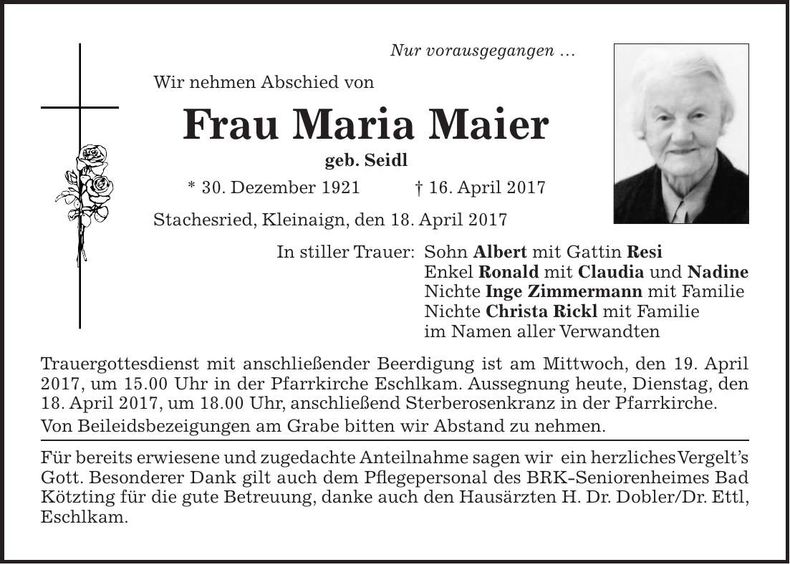 Traueranzeige Maria Maier