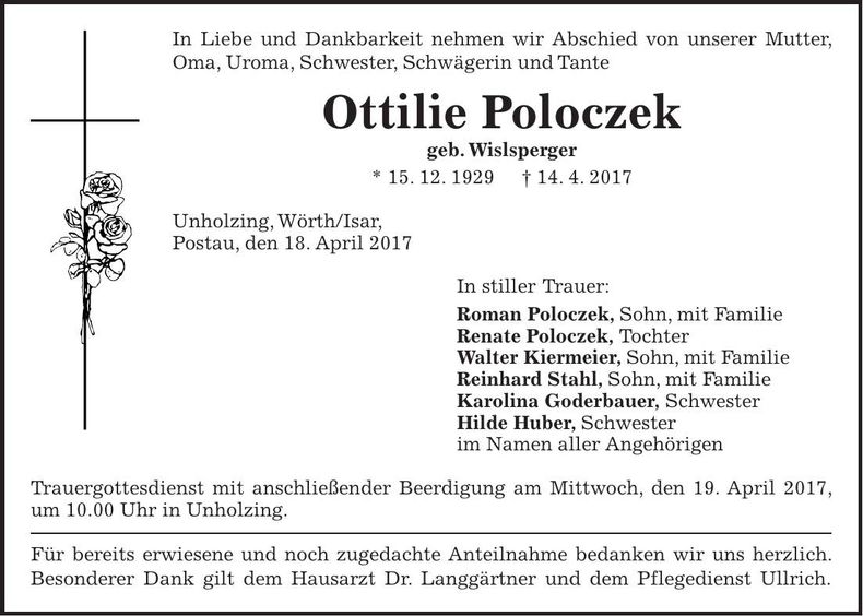 Traueranzeige Ottilie Poloczek
