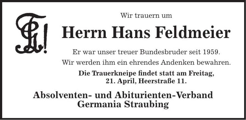 Traueranzeige Hans Feldmeier