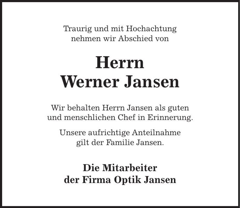 Traueranzeige Werner Jansen
