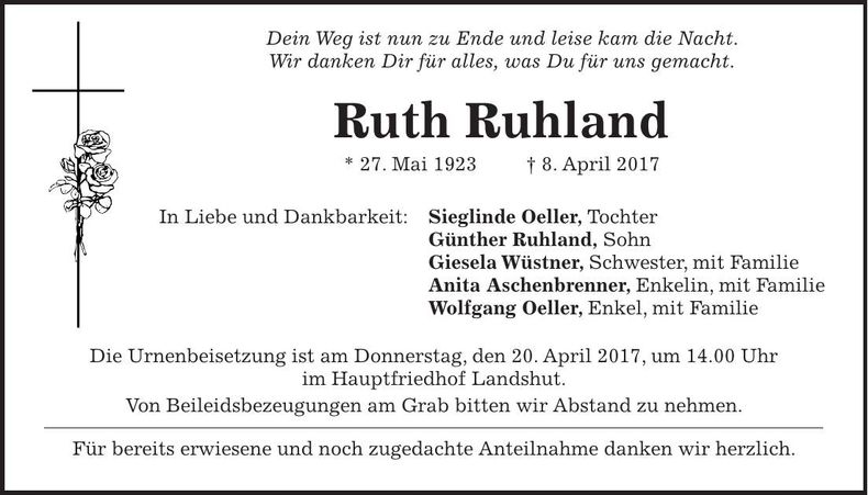 Traueranzeige Ruth Ruhland