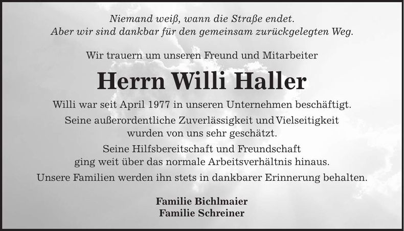 Traueranzeige Willi Haller