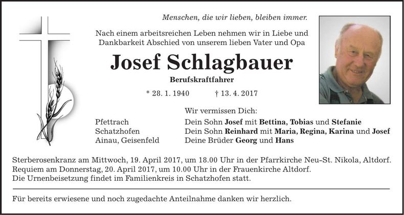 Traueranzeige Josef Schlagbauer