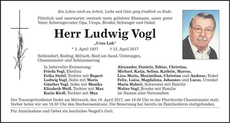 Traueranzeige Ludwig Vogl