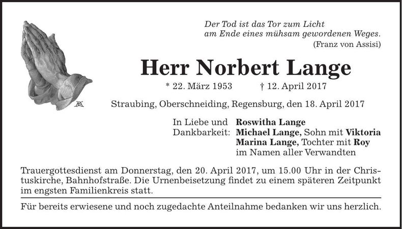 Traueranzeige Norbert Lange
