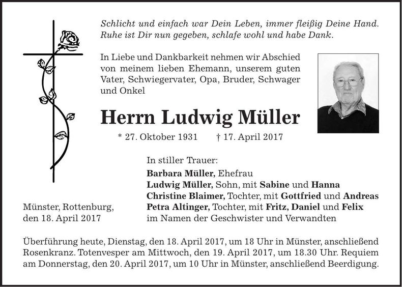 Traueranzeige Ludwig Müller