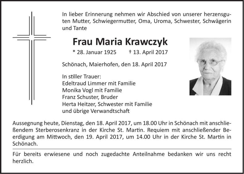 Traueranzeige Maria Krawczyk