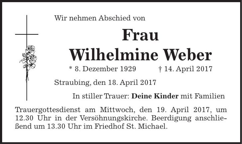 Traueranzeige Wilhelmine Weber