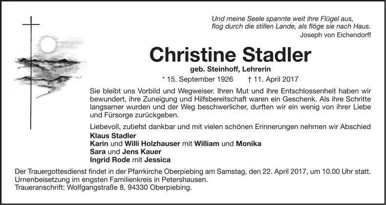 Traueranzeige Christine Stadler