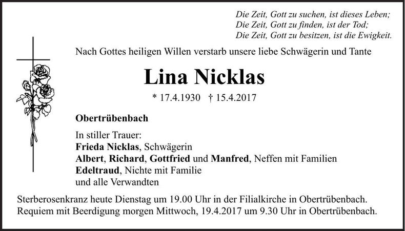 Traueranzeige Lina Nicklas