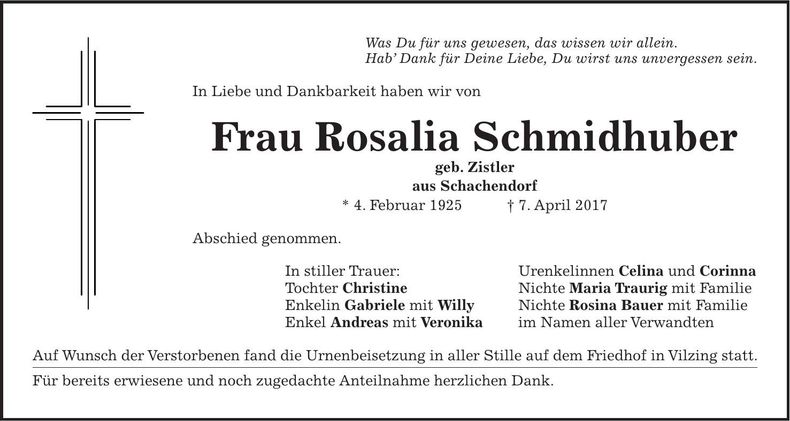 Traueranzeige Rosalia Schmidhuber