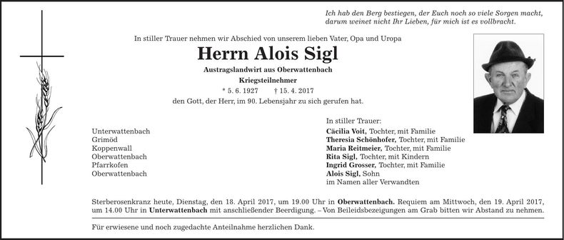 Traueranzeige Alois Sigl