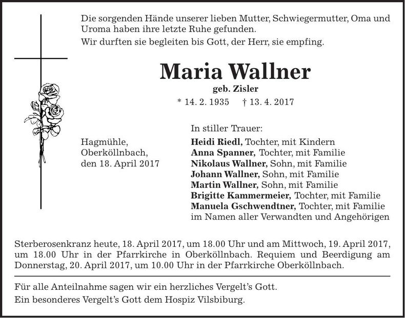 Traueranzeige Maria Wallner