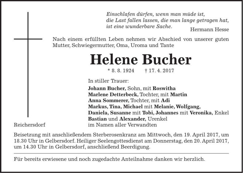 Traueranzeige Helene Bucher