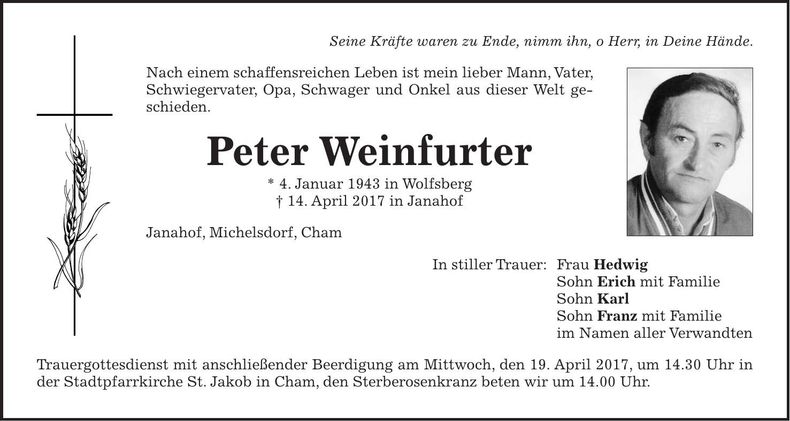 Traueranzeige Peter Weinfurter