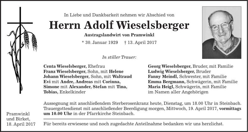 Traueranzeige Adolf Wieselsberger