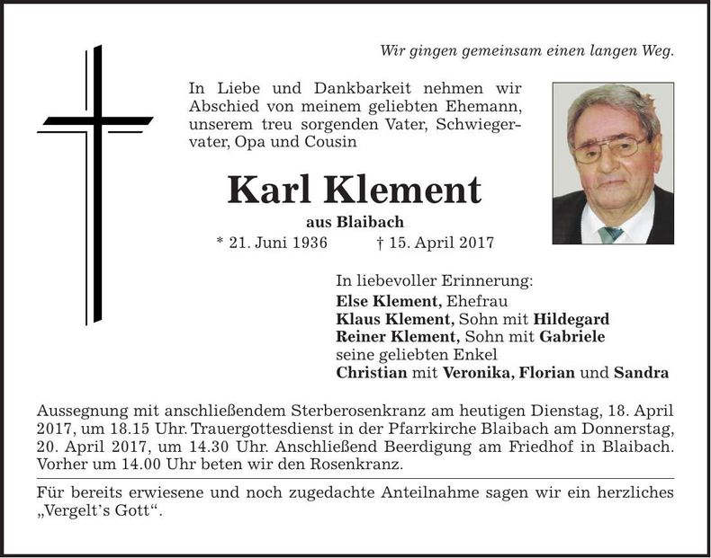 Traueranzeige Karl Klement