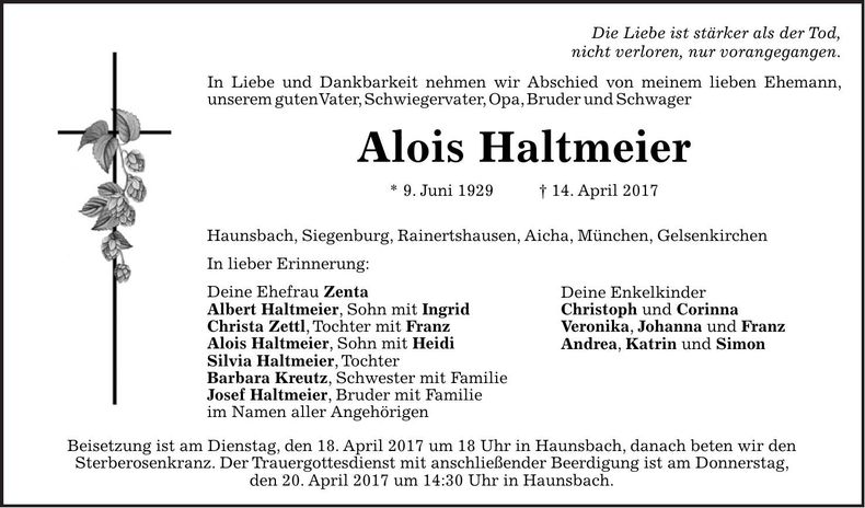 Traueranzeige Alois Haltmeier