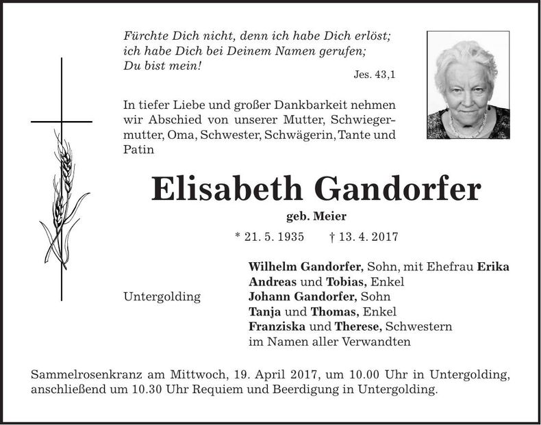 Traueranzeige Elisabeth Gandorfer