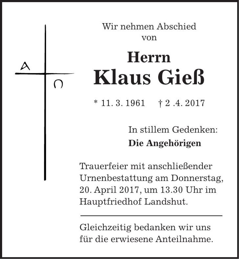 Traueranzeige Klaus Gieß
