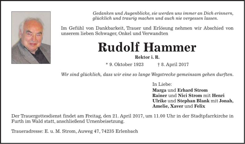 Traueranzeige Rudolf Hammer