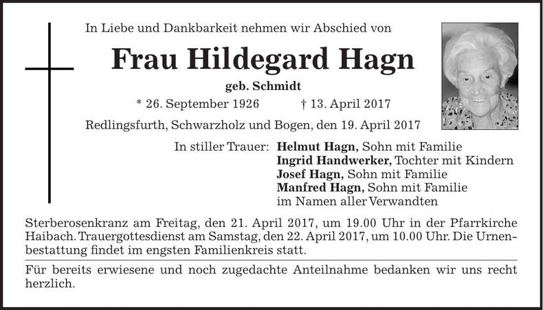 Traueranzeige Hildegard Hagn