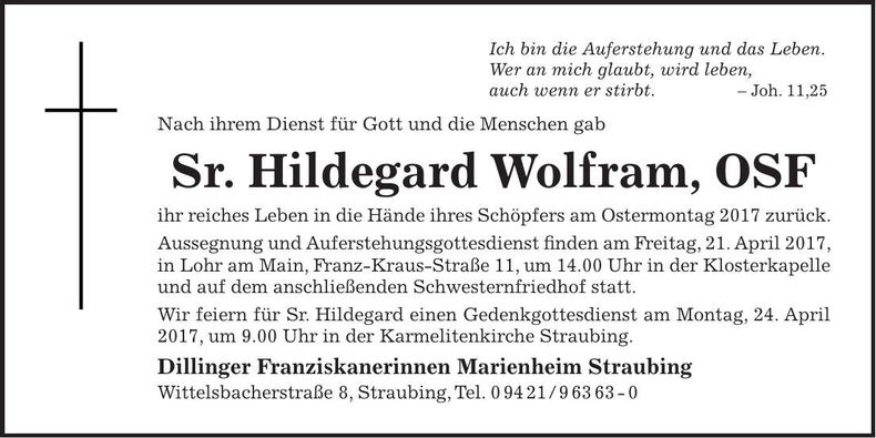 Traueranzeige Sr. Hildegard, OSF Wolfram