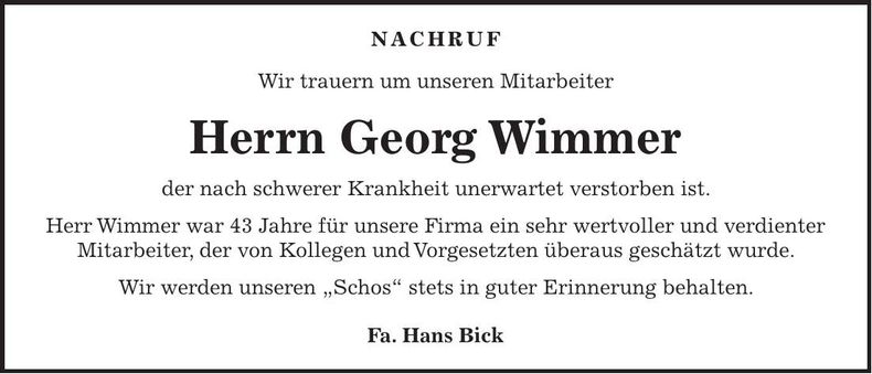 Traueranzeige Georg Wimmer