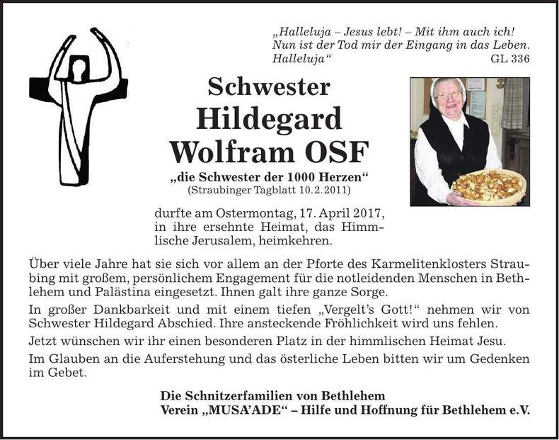 Traueranzeige Hildegard Schwester Wolfram OSF.