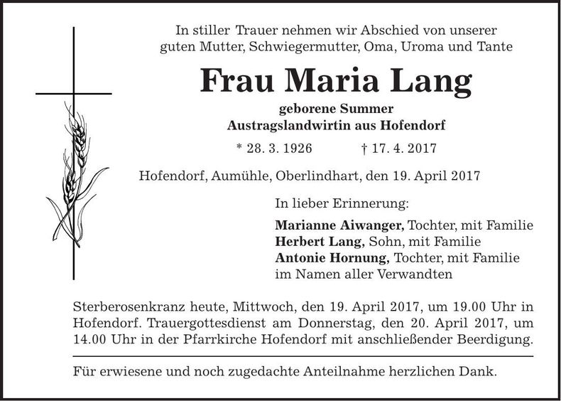 Traueranzeige Maria Lang