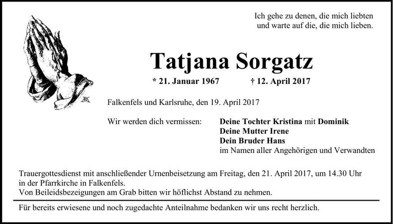 Traueranzeige Tatjana Sorgatz