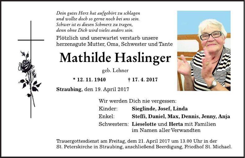 Traueranzeige Mathilde Haslinger