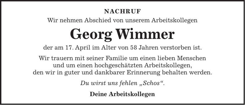Traueranzeige Georg Wimmer